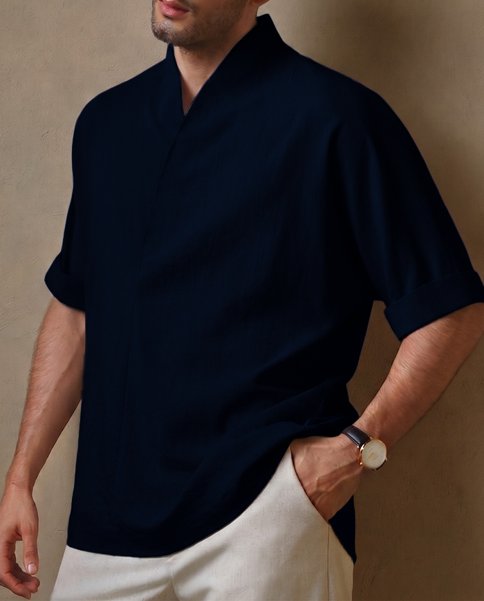 The Oasis Short Sleeve Linen Shirt – Navy Blue